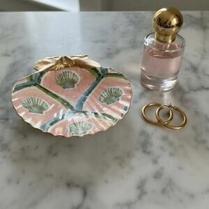 Shell Trinket Dish with Peach Scallop Design, Coastal Ring Holder